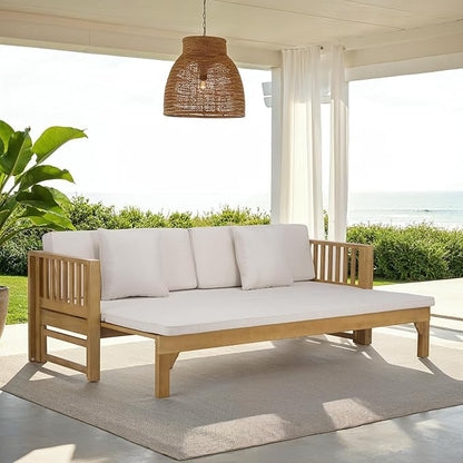 SAFAVIEH Outdoor Patio Furniture Collection - Napoli Oak Brown & Cream Solid Wood Bench Convertible Daybed with Cushions, Versatile Patio Seating (PAT6805B)