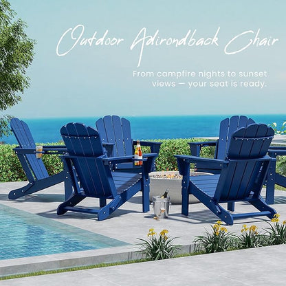 Domi Folding Adirondack Chairs Set of 6, HDPE All-Weather Outdoor Chairs with Cup Holder, Wooden Textured Fire Pit Chairs for Backyard, Patio, Poolside & Deck, Navy Blue