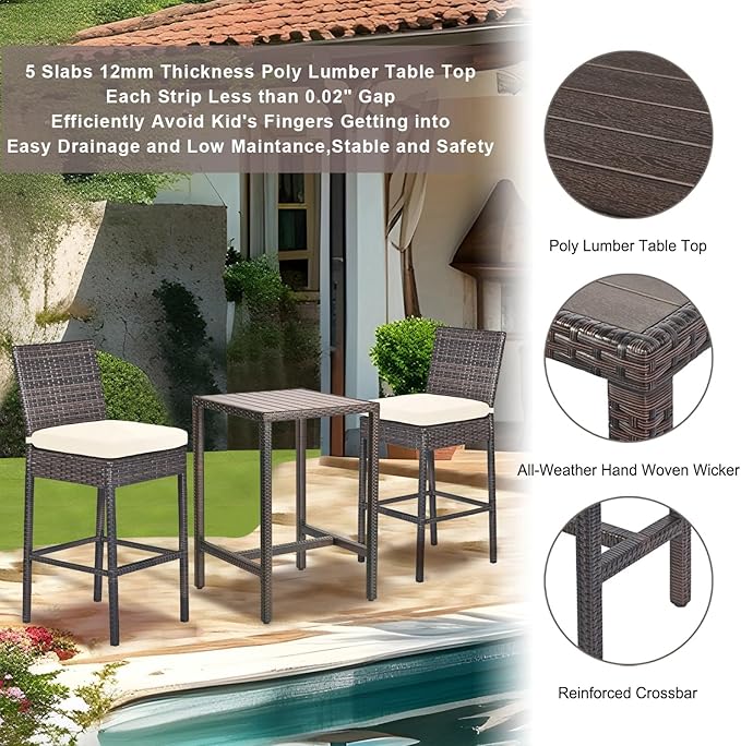 Outdoor Bar Table Patio Bar Height Bistro Table 39" Tall Outdoor High Top Square Pub Patio Table Wicker Rattan Metal Dinning Bar Table with Adjustable Feet for Balcony Outside Pool Deck Backyard Brown