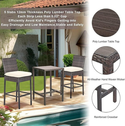 Outdoor Bar Table Patio Bar Height Bistro Table 39" Tall Outdoor High Top Square Pub Patio Table Wicker Rattan Metal Dinning Bar Table with Adjustable Feet for Balcony Outside Pool Deck Backyard Brown