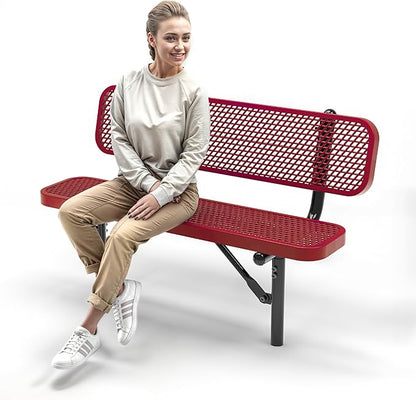Heavy-Duty Outdoor Metal Bench, Thermoplastic-Coated, Inground, Weatherproof, Commercial-Grade for Parks, Gardens, Patios, Stores & More (4 Ft - Inground with Back, Red)