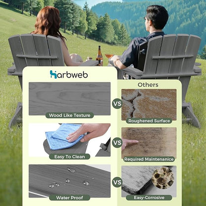 Folding Adirondack Chair with Wood Texture, HDPE All-Weather Fire Pit Chairs, Plastic Adirondack Chairs with 2 Cup Holder, Outdoor Lawn Chair for Patio Garden (Grey)