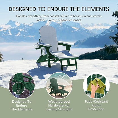 WestinTrends Malibu Folding Adjustable Adirondack Chair with Retractable Ottoman and Cup Holder (Set of 2), Dark Green