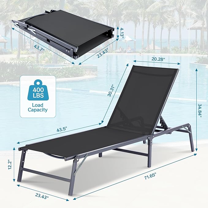 Outdoor Chaise Lounge Chair Set of 2, Foldable & Assemble-Free, 6 Adjustable Positions, Durable Rust-Resistant Frame - Photo 3