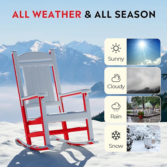 Costaelm Oversized Outdoor Rocking Chair, High Back Porch Rocker Chair, HDPE All Weather Resistant Outdoor Seating Furniture Wide Rocker Chair for Patio, Lawn, Garden, Red