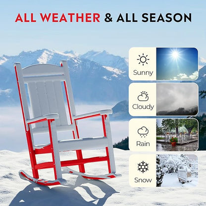 Costaelm Oversized Outdoor Rocking Chair, High Back Porch Rocker Chair, HDPE All Weather Resistant Outdoor Seating Furniture Wide Rocker Chair for Patio, Lawn, Garden, Red