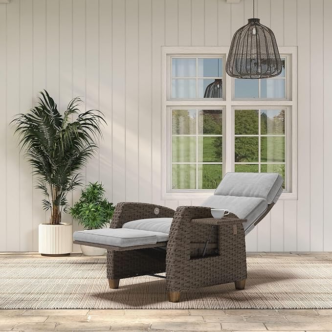 Grand patio Indoor & Outdoor Recliner Chair PE Wicker Patio Recliner with Flip Table Reclining Lounge Chair, Mist Grey - Photo 4