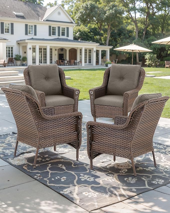 Patio Wicker Chairs Outdoor Furniture Chair - Set of 4 Outside All Weather Lawn Dining Brown Rattan Armchair with High - Photo 6
