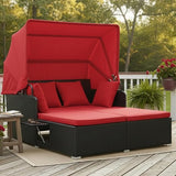 Tangkula Patio Rattan Daybed with Retractable Canopy, Outdoor Wicker Sunbed Lounger with 2 Foldable Side Tables - Photo 2