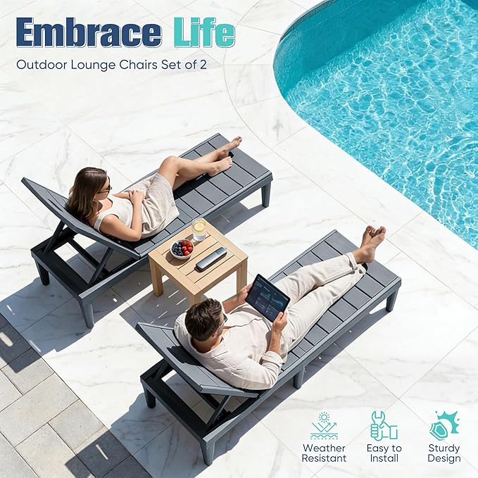 Devoko Outdoor Chaise Lounge Chair Set of 2 with 5-Position Adjustable Back - Photo 4