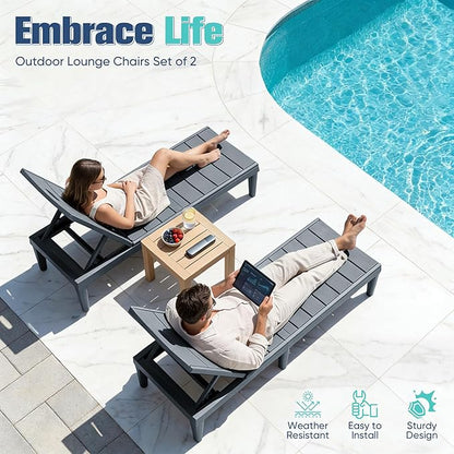 Devoko Outdoor Chaise Lounge Chair Set of 2 with 5-Position Adjustable Back, Waterproof & Lightweight PP Lounge Chairs for Outside Pool Patio (Light Grey)