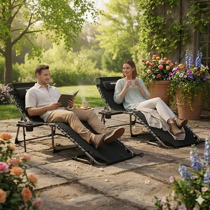 FUNDANGO Chaise Lounge Chair Outdoor, 5-Position Folding Tanning Chair with Detachable Side Table & Pillow - Photo 2