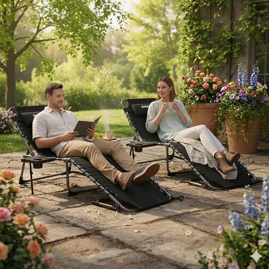 FUNDANGO Chaise Lounge Chair Outdoor, 5-Position Folding Tanning Chair with Detachable Side Table & Pillow, 180° Lay Flat Portable Beach, Heavy Duty U-Frame for Patio, Pool, Lawn, 265lbs (Black)