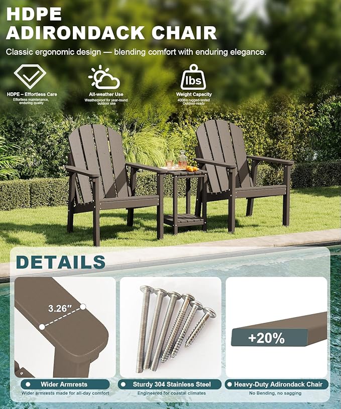 Adirondack Chair Set of 2, All Weather HDPE Fire Pit Chairs, Oversized Plastic Adirondack Chair for Outdoor, Balcony - Photo 3