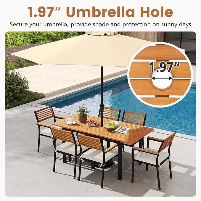 Tangkula 64 Inches Extendable Patio Dining Table for 4-8 People, Acacia Wood Outdoor Slatted Table with 1.97" Umbrella Hole & Metal Leg, Indoor/Outdoor Rectangular Table for Deck Garden Backyard