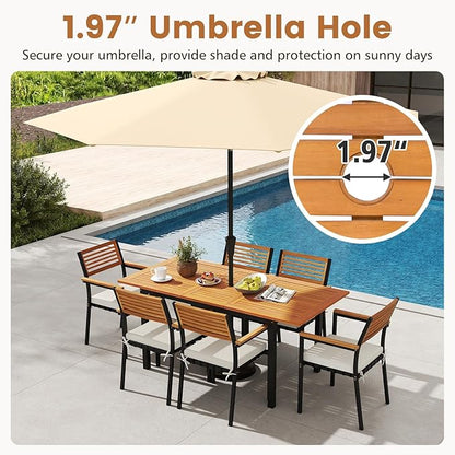 Tangkula 64 Inches Extendable Patio Dining Table for 4-8 People, Acacia Wood Outdoor Slatted Table with 1.97" Umbrella Hole & Metal Leg, Indoor/Outdoor Rectangular Table for Deck Garden Backyard