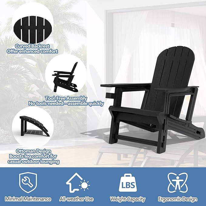 Shintenchi Adirondack Chair Set of 2,HDPE Adirondack Chairs with Umbrella Hole Connecting Tray & 2 Curved Ottoman,Plastic Outdoor Chairs with Cup Holders for Garden Backyard Pool,Black