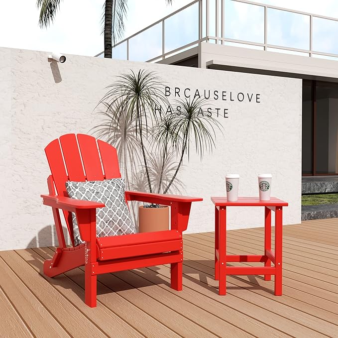 WO WESTIN OUTDOOR HDPE Laguna Outdoor Poly Adirondack Chair with Side Table, Red