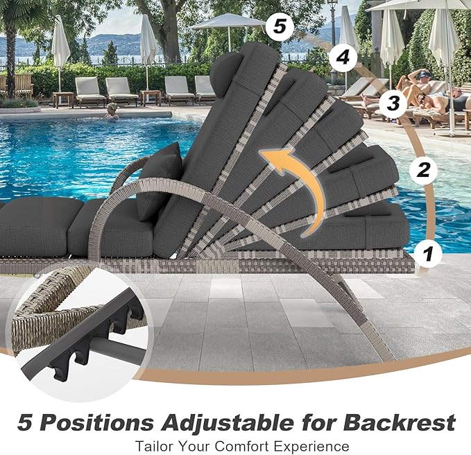 MEISSALIVVE Outdoor Lounge Chairs Set of 4, Patio Chaise Loungers with Adjustable 5 Position & Leg Support, PE Rattan Chaise Lounge, Wicker Pool Recliners Chair for Backyard, Porch, Deck, （Grey