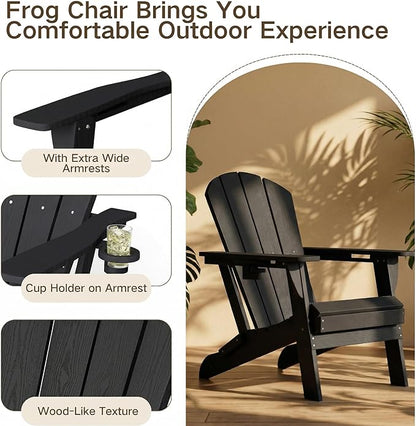 Kingdura Folding Adirondack Chairs Set of 2, Portable HDPE All Weather Resistant Outdoor Patio Chair, Wooden Textured with Cup Holder, 380LBS Capacity for Poolside, Backyard, Fire Pit (Black)