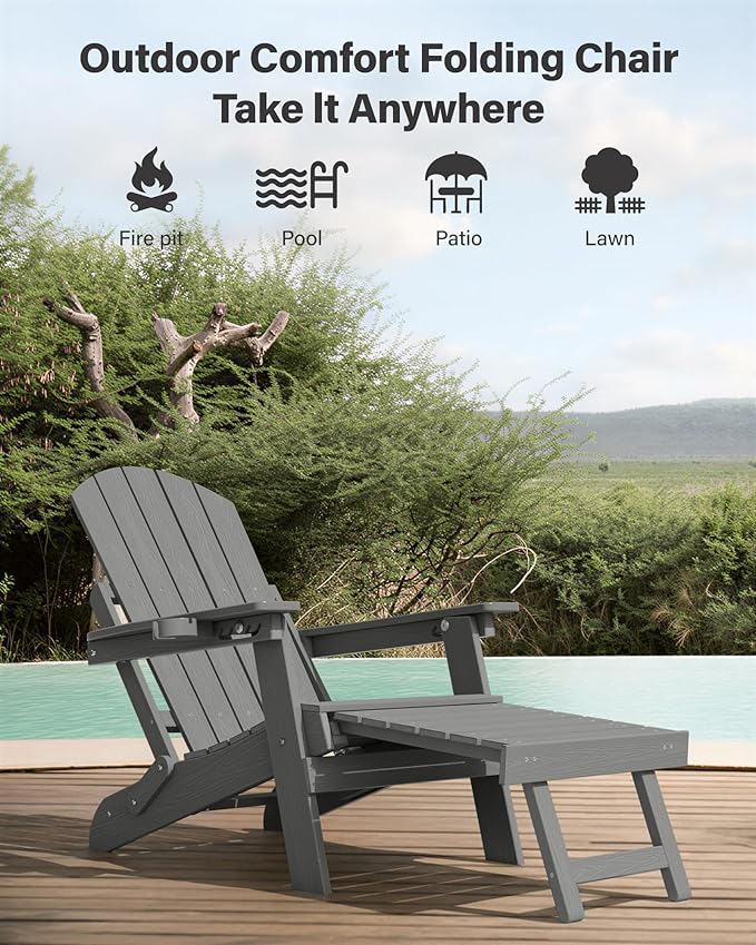 YEFU Adirondack Chair with Retractable Ottoman: Folding Adirondack Chairs Set of 2-5-Level Adjustable Backrest with Footrest - Fire Pit Chairs - Cup Holder - Outdoor Plastic Chair for Patio