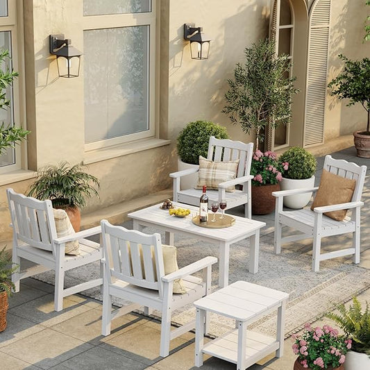 Stoog 3 Piece Patio Dining Sets, All-Weather Patio Chairs with Curved Backrest, Include 2 Garden Chairs and 1 Side Table, White