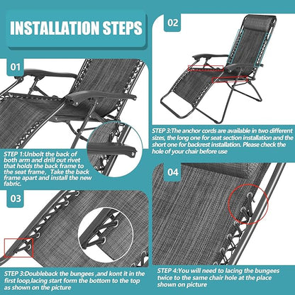 Queekay Chair Replacement Fabric with 4 Bungee Cord Lounge Chair Cloth Mesh Repair Kit for Patio Recliner Outdoor Lawn Pool(63 x 17 Inch,Black Grey)