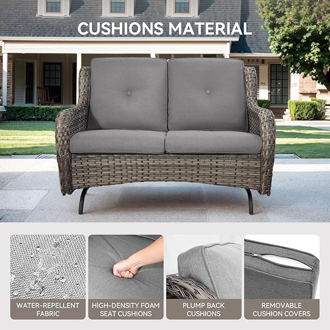 Patio Loveseat Wicker Loveseat Rattan Glider Sofa with Curved Armrest Thicking Back & Seat Cushions for Garden Balcony Backyard Grey Wicker|Grey Cushions (A) Patio Loveseat Glider