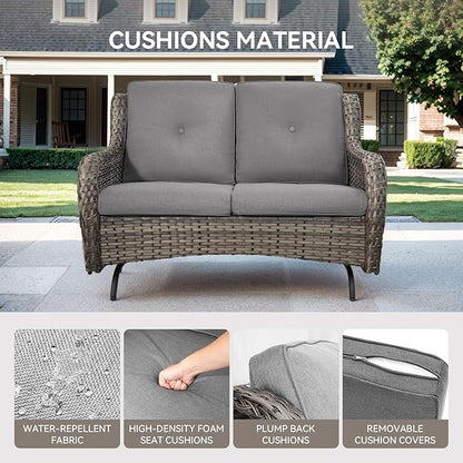 Patio Loveseat Wicker Loveseat Rattan Glider Sofa with Curved Armrest Thicking Back & Seat Cushions for Garden Balcony Backyard Grey Wicker|Grey Cushions (A) Patio Loveseat Glider
