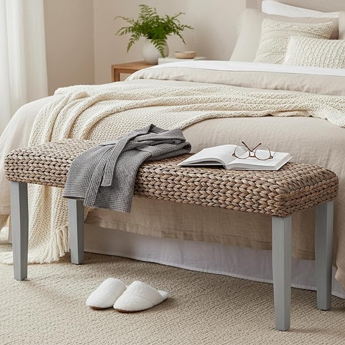 Solid Wood Acacia Indoor Bench with Natural Woven Seat, Wood Bench for Living Room or Entryway - Photo 3