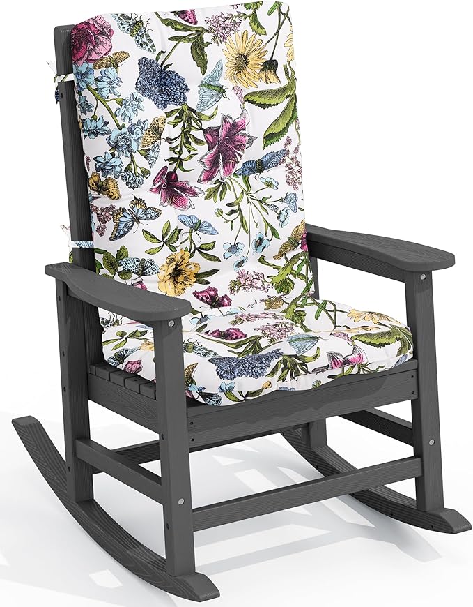 SERWALL SEWALL Oversized Outdoor Rocking Chair with Cushion, Patio Rocking Chairs for Porch, Gray HDPR Rocker+Flower Cushion
