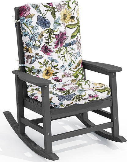 SERWALL SEWALL Oversized Outdoor Rocking Chair with Cushion, Patio Rocking Chairs for Porch, Gray HDPR Rocker+Flower Cushion