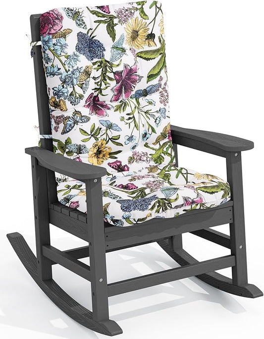 SERWALL SEWALL Oversized Outdoor Rocking Chair with Cushion, Patio Rocking Chairs for Porch, Gray HDPR Rocker+Flower Cushion