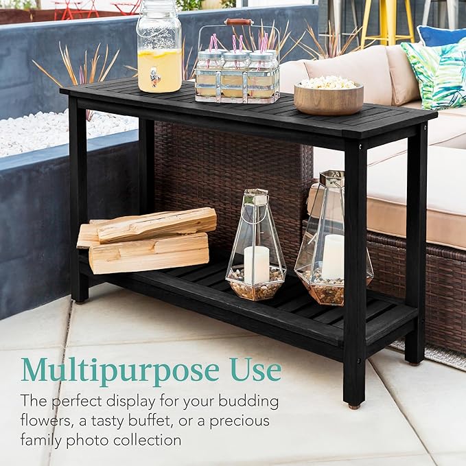 Best Choice Products 48in 2-Shelf Eucalyptus Wooden Console Table Indoor Outdoor Multifunctional Buffet Bar Storage Organizer w/Foot Sliders - Black