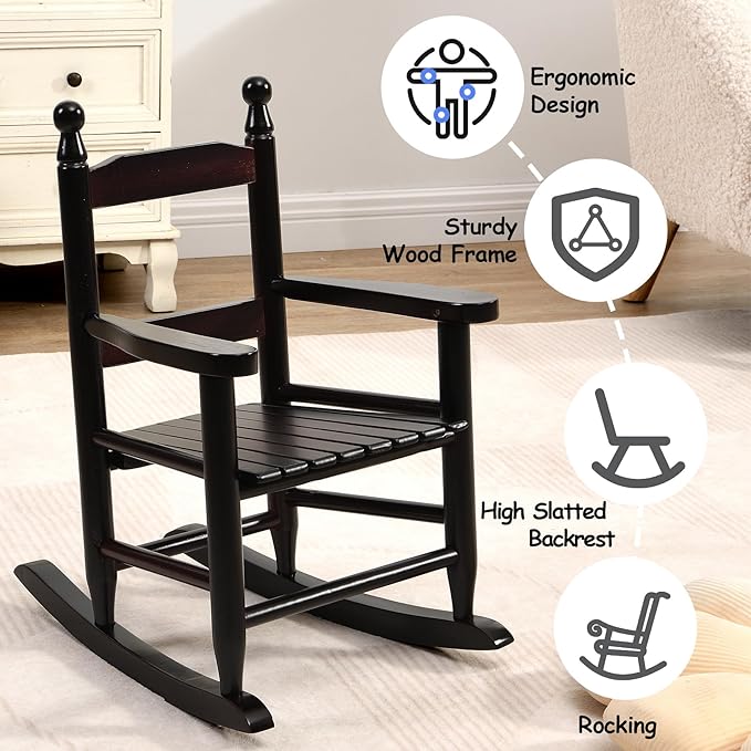 Toddler Rocking Chair for Kids Age 2-5, Hardwood Porch Rocker with Back Support & Armrest for Small Spaces Living Room Outdoor Garden, Easy Assembly (Espresso)