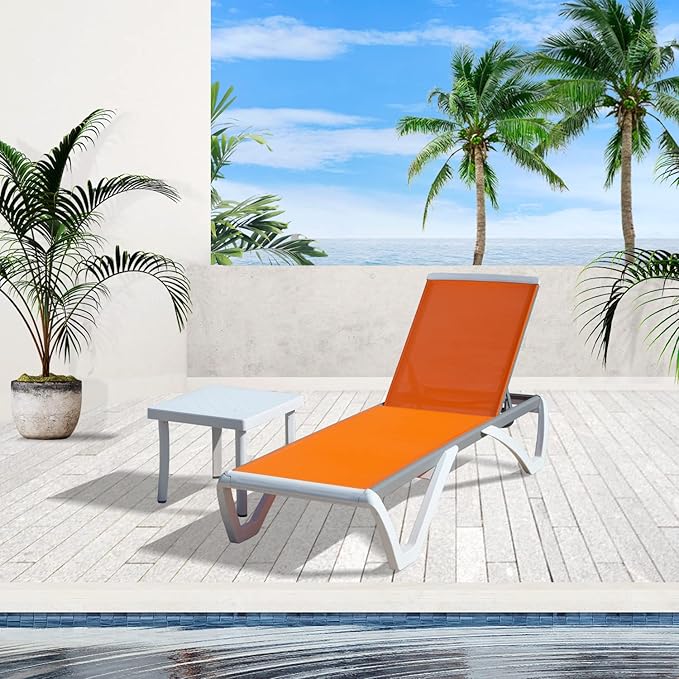 Domi Pool Lounge Chair Aluminum Adjustable Outdoor Chaise Lounge,All Weather Plastic Poolside Lounge Chair with Table for Deck Lawn Backyard, Orange Textilene