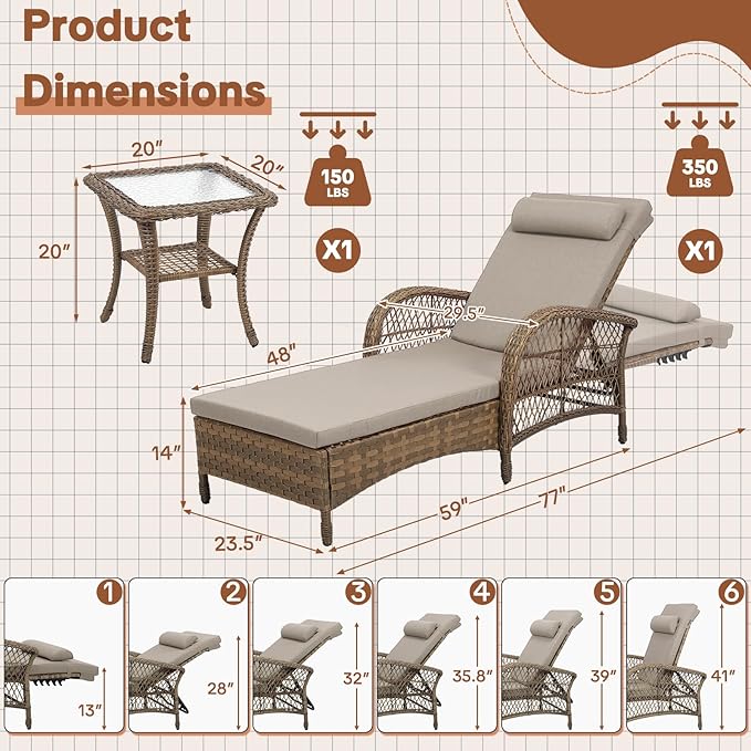 HOMEDIARY Outdoor Wicker Lounge Chair Set, 6-Position Adjustable Patio Chaise Lounge w/Side Table - Photo 2