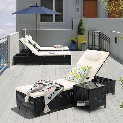 3 PCS Patio Chaise Lounge with Coffee Table Cushion&Pillow Outdoor Lounge Chair Chaise Lounger Patio Reclining Chair 5 Angle Adjustment Black PE Rattan for Courtyards Poolside (Beige)