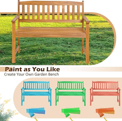 Tangkula Outdoor Acacia Wood Bench, 2-Person Garden Bench with Backrest and Armrests, Garden Bench with Slatted Seat for Porch, Park, Backyard, 800 Lbs Max Load, 43” L x 22” W x 34” H, Natural