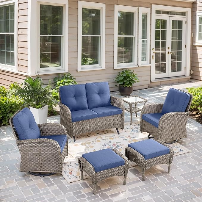 Belord Outdoor Glider Bench Patio Loveseat - 500 Lbs Weight Capacity 2 Seater Wicker Sofa, Small Porch Glider Furniture All Weather Rattan Couch with Removble Cushion for Balcony Backyard Gray/Blue