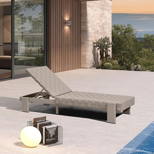 PURPLE LEAF Patio Lounge Chair Modern Luxury Outdoor Chaise Lounge 1 Piece with Adjustable Backrest Aluminum PU Leather Style Chaise Lounge Chairs for Pool Garden Backyard Beach, Tapue