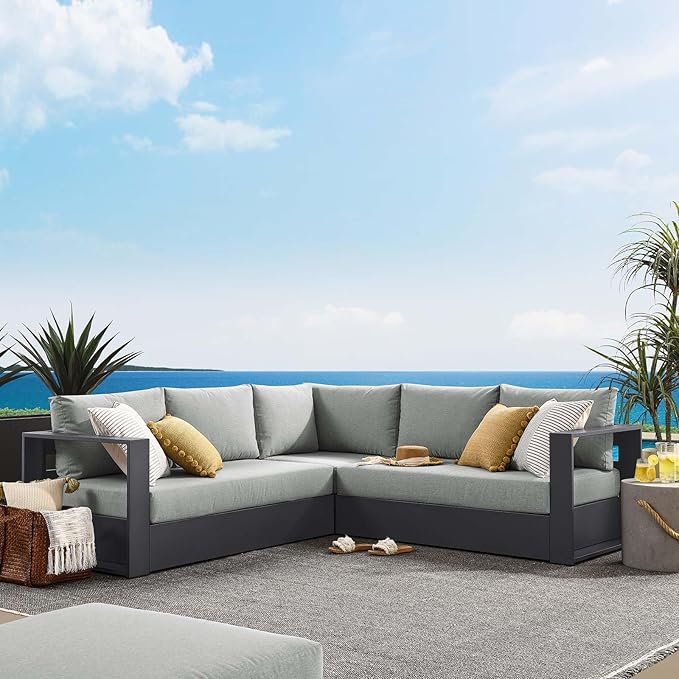 Modway Tahoe Aluminum 3-Piece Outdoor Patio Furniture Gray, Modular Sectional Sofa Set with Weather-Resistant Cushions - Photo 1