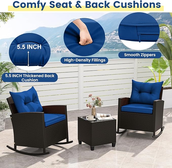 Tangkula 3 Piece Wicker Rocking Set, Patio Rattan Roker Chairs with Tempered Glass Table & Soft Cushions - Photo 8