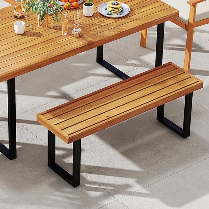 Tangkula Acacia Wood Outdoor Bench, 48" Long Patio Dining Bench w/Metal Legs, Slatted Seat, Backless Picnic Bench, Farmhouse Furniture for Garden Poolside Porch Balcony Deck Indoor (1,Natural)