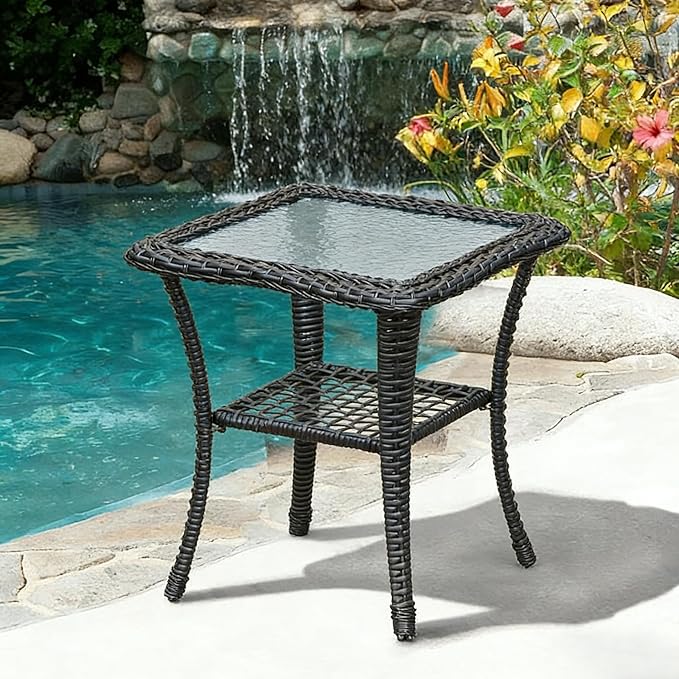 Outdoor Glass Side Table, End Table with Glass Top, Patio Coffee Bistro Table for Indoor Garden Porch Balcony (Black, Square 18x18x23in)