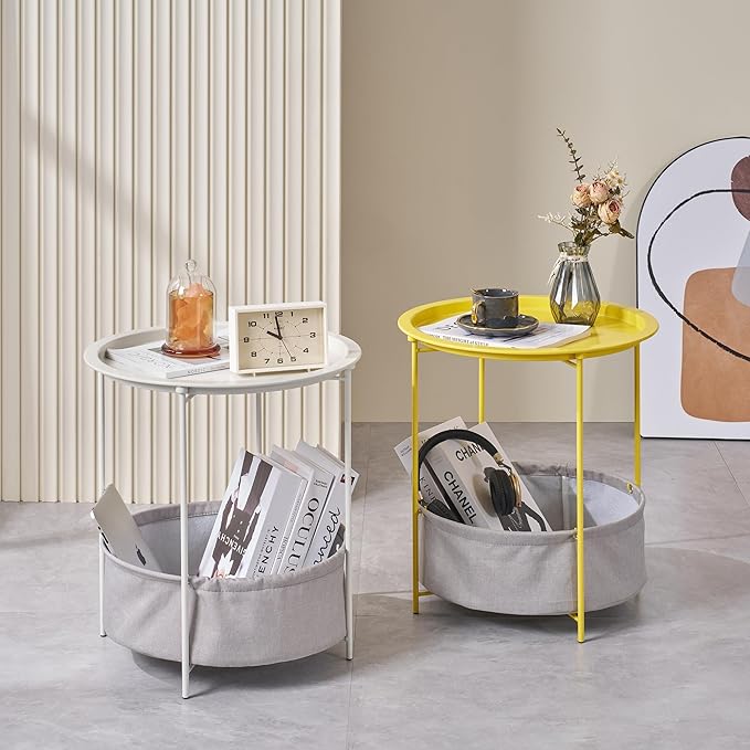 VECELO Round Side/End Table with Fabric Storage Basket，Metal Anti-Rust and Waterproof Small Bedside Nightstand with - Photo 4