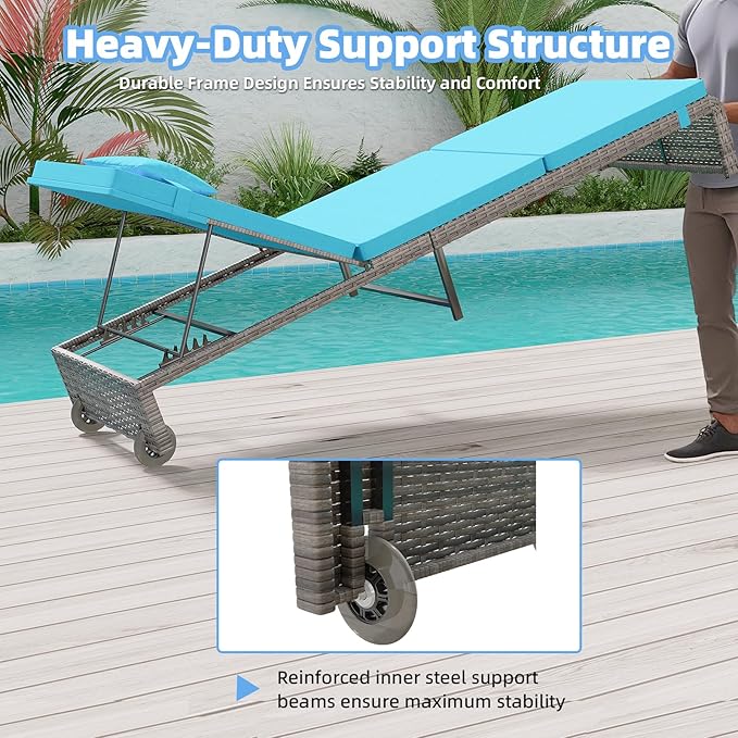 Chaise Lounge Set 3 Pieces, Outdoor Modern Patio Furniture Lounge Chairs Set of 2 with Adjustable Backrest & Side Table, Durable PE Wicker, Weather Resistant Cushions, Blue