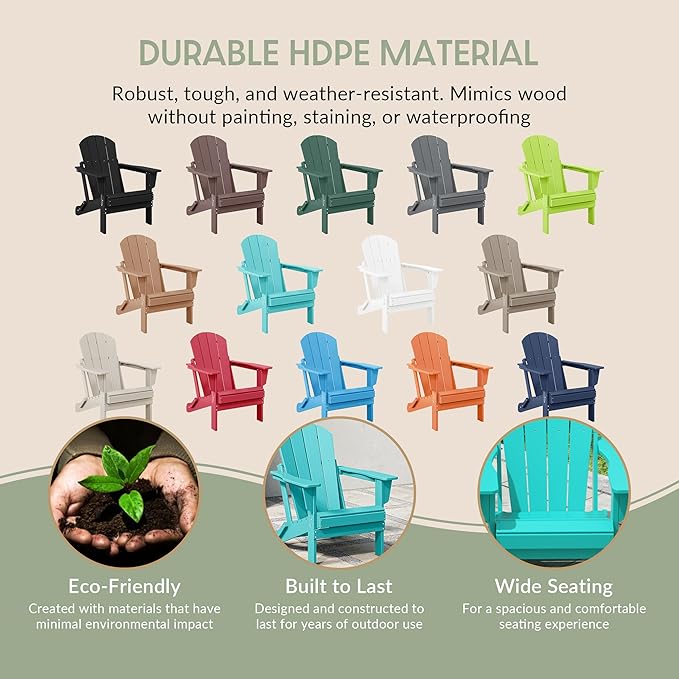 WestinTrends Malibu 2-Pieces Adirondack Chair Set with Side Table, All Weather Outdoor Seating Plastic Patio Lawn Chair Folding for Outside Porch Deck Backyard, Turquoise