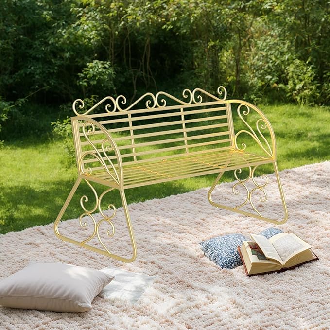 2-Seat Patio Porch Bench 45"，Outdoor Metal Garden Bench，Weather Proof Porch Path Chair，Patio Bench with Backrest and Armrests，Patio Bench for Lawn Path Yard Decor Deck Furniture(Gold)