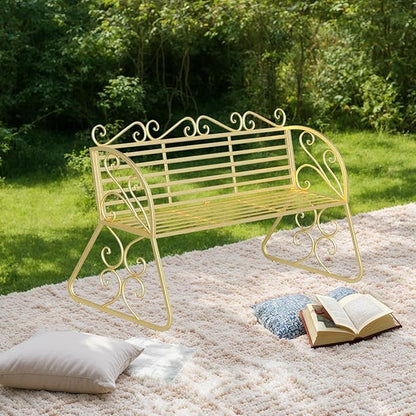 2-Seat Patio Porch Bench 45"，Outdoor Metal Garden Bench，Weather Proof Porch Path Chair，Patio Bench with Backrest and Armrests，Patio Bench for Lawn Path Yard Decor Deck Furniture(Gold)